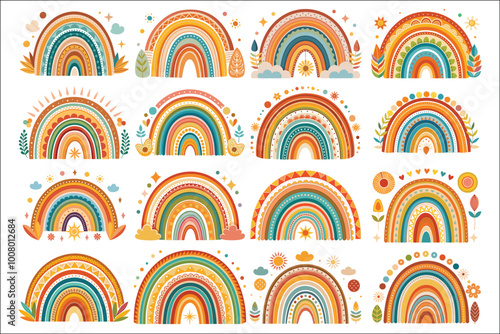 Cute Cartoon Hand-Drawn Rainbow Stickers for Kids – Cloud, Sun & Heart Vector Set. photo