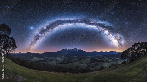 A panoramic view of a mountain landscape under a starry sky, with the Milky Way galaxy visible in all its glory above the peaks.