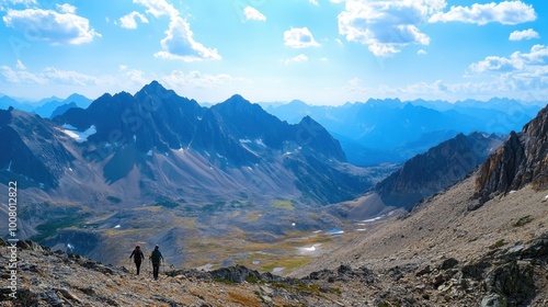 A panoramic view of a mountain range from a high altitude, with hikers silhouetted against the vast landscape, showcasing the grandeur of the outdoors.