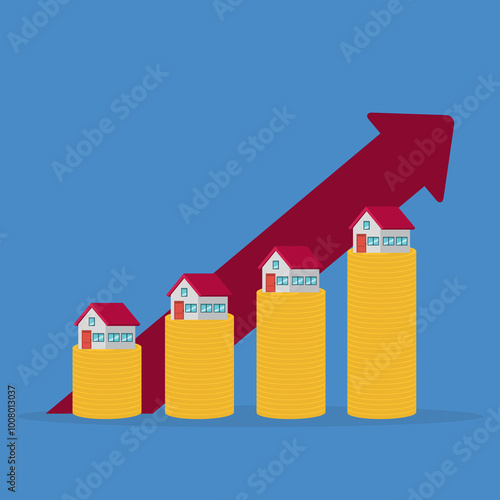 Arrow rise up above the house. The concept of growth in demand for real estate. Increase in the value of property	