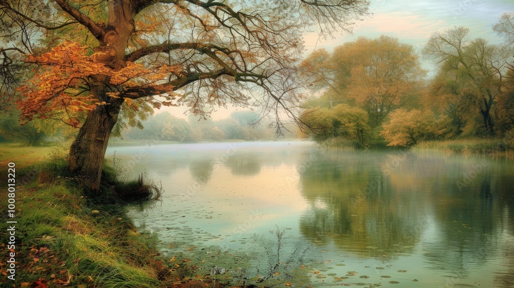 Fototapeta premium Autumnal Serenity: A Foggy River Scene