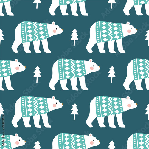 Seamless vector pattern with cute polar bear in winter clothes. Hand drawn Nordic background. EPS 10 vector file. Perfect for textile, wallpaper or nursery print design.