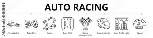 Auto Racing Line Banner Web Icon Set Vector Illustration, Formula One Superbike Circuit Gear Shift Championship Racing Helmet Race Traffic Light Speed