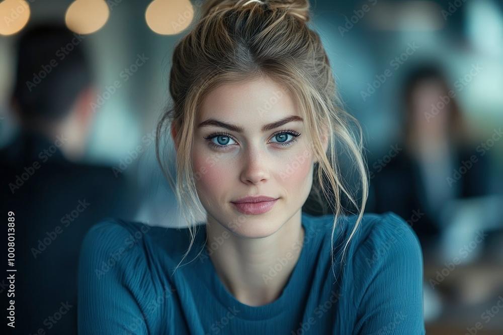 Obraz premium Close-up Portrait of a Woman with Blonde Hair and Blue Eyes