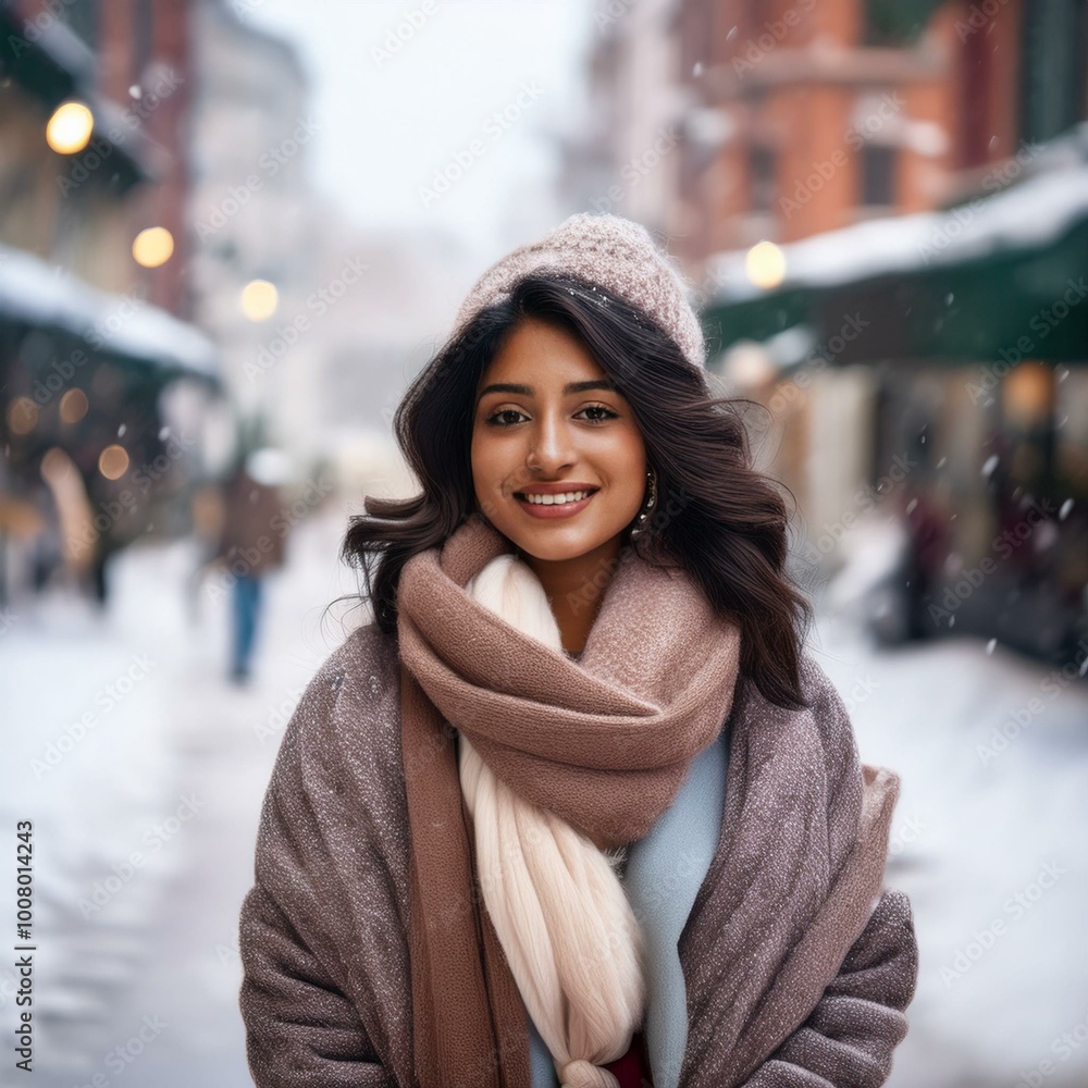 In the midst of a snowy city, a woman proudly displays her new winter wardrobe. In the midst of a snowy city, a woman proudly displays her new winter wardrobe.