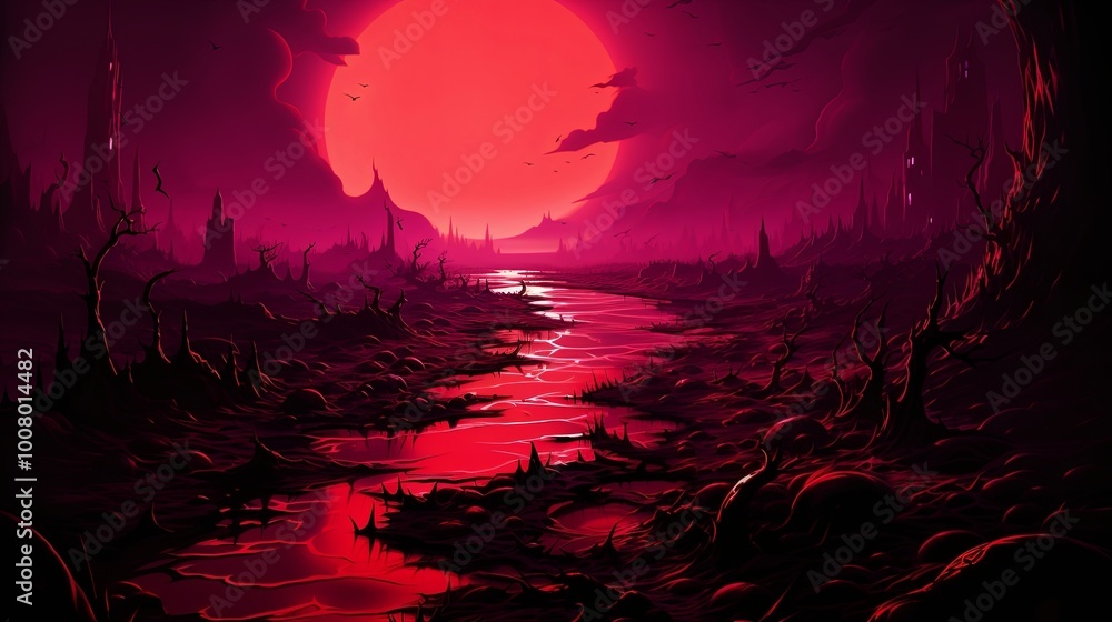 A crimson sky casts an eerie glow over a barren landscape, a river of blood meanders through the skeletal remains of a forgotten civilization. A crimson sky casts an eerie glow over a barren landscape, a river of blood meanders through the skeletal remains of a forgotten civilization.