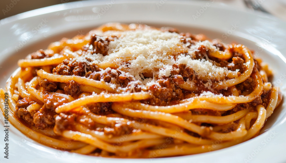 A delicious plate of spaghetti topped with a rich meat sauce and grated cheese, perfect for a hearty meal. A delicious plate of spaghetti topped with a rich meat sauce and grated cheese, perfect for a hearty meal.