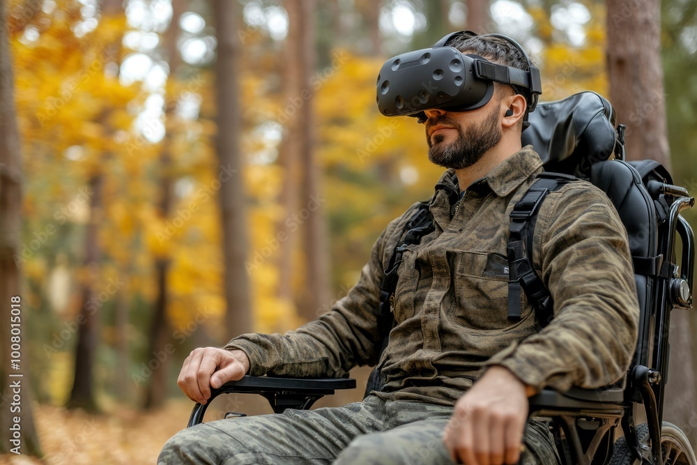 Fototapeta premium Man in a Wheelchair Wearing a VR Headset in a Forest
