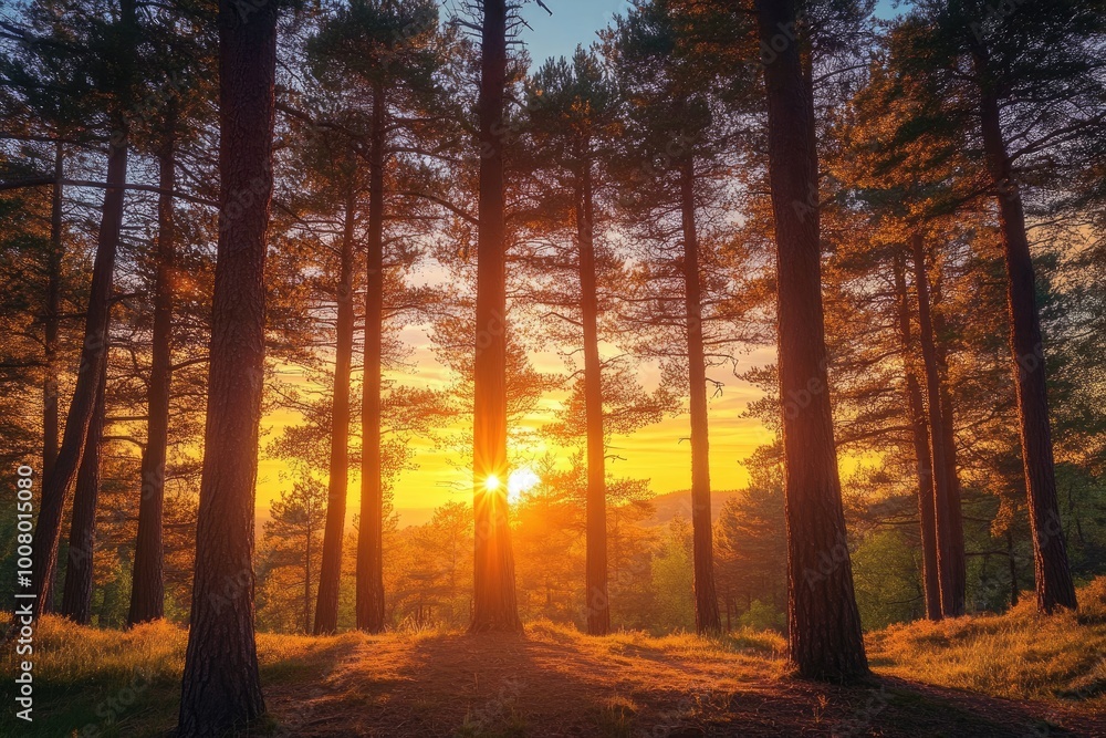 Fototapeta premium Sunset Through a Stand of Pine Trees in a Forest