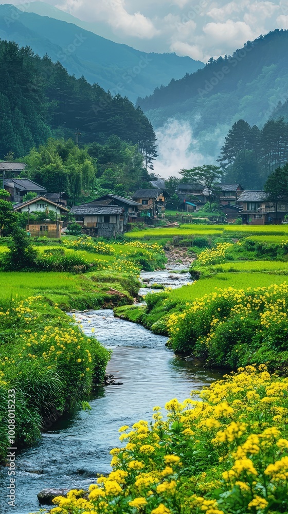 A serene landscape featuring lush greenery, a gentle stream, and vibrant flowers under a cloudy sky, ideal for relaxation themes. A serene landscape featuring lush greenery, a gentle stream, and vibrant flowers under a cloudy sky, ideal for relaxation themes.