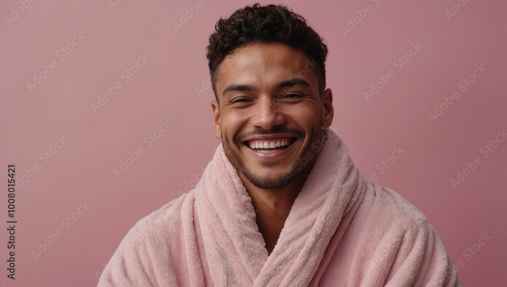 Smiling young man with curly hair, cheerful expression in portrait with pink background Smiling young man with curly hair, cheerful expression in portrait with pink background
