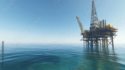 A scenic shot of an oil rig with a backdrop of a clear blue sky and calm waters, presenting a more serene view of the industrial operation.