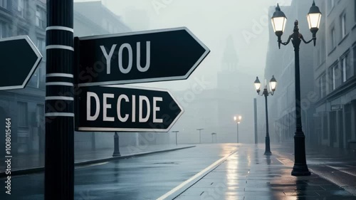 A foggy urban street at dusk features a signpost with 'You Decide' amidst empty sidewalks, evoking a contemplative mood created with generative ai