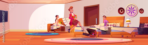 Kids wake up in bed of robbery vector illustration. Thief steal chest with treasure and run away. Scared children in bedroom together with stranger graphic environment. Burglar at home danger concept
