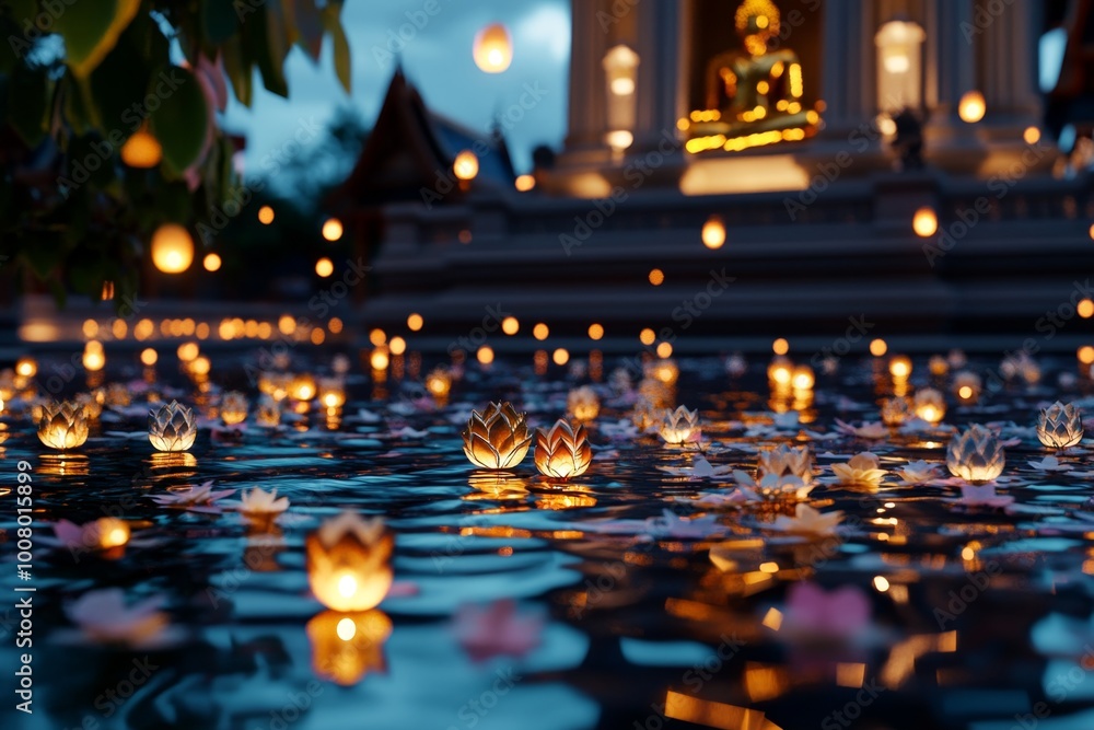 A magical temple courtyard filled with floating lanterns, where the Temple of the Emerald Buddha glows under the moonlight, creating a dreamlike, enchanted atmosphere. A magical temple courtyard filled with floating lanterns, where the Temple of the Emerald Buddha glows under the moonlight, creating a dreamlike, enchanted atmosphere.