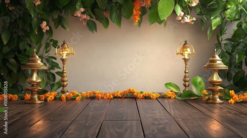 An empty scene featuring traditional brass lamps and flower garlands on a wooden table, creating an ideal product mockup space, 