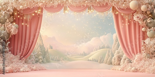 A dreamy stage with pink cu...