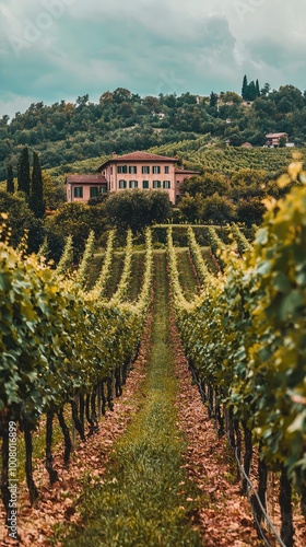 A serene vineyard landscape featuring rows of grapevines leading to a charming house amidst lush hills. photo