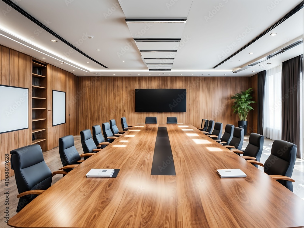 Large modern conference room with stylish wooden furniture. Meeting room with big wooden table Large modern conference room with stylish wooden furniture. Meeting room with big wooden table