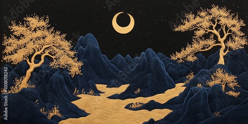 A serene landscape features...