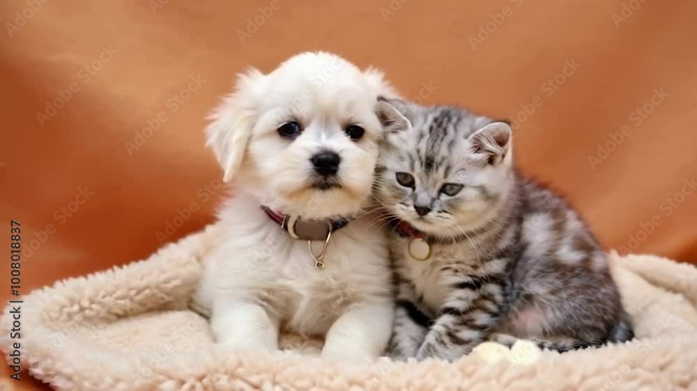 A puppy and kitten cuddle together, showcasing their adorable companionship and playful emotions in a warm indoor setting. A puppy and kitten cuddle together, showcasing their adorable companionship and playful emotions in a warm indoor setting.