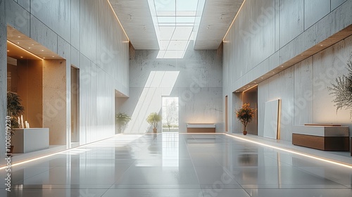 Luxury art museum space featuring enormous open galleries, high ceilings, The architecture combines sleek, minimalist concrete walls with luxurious touches like gold accents and marble floors. photo