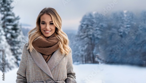 A woman dressed in a cozy, layered winter outfit, standing in a frosty cityscape.