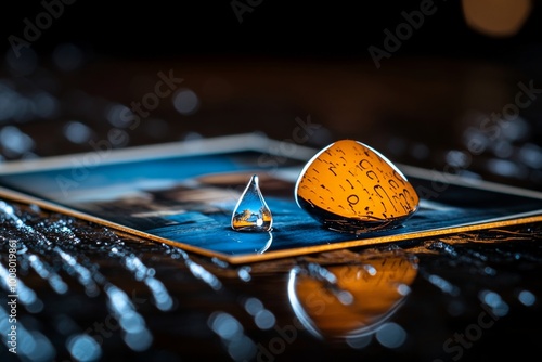 A teardrop resting on the edge of a photograph, blurring the image slightly, symbolizing the power of memories and emotions tied to the past photo