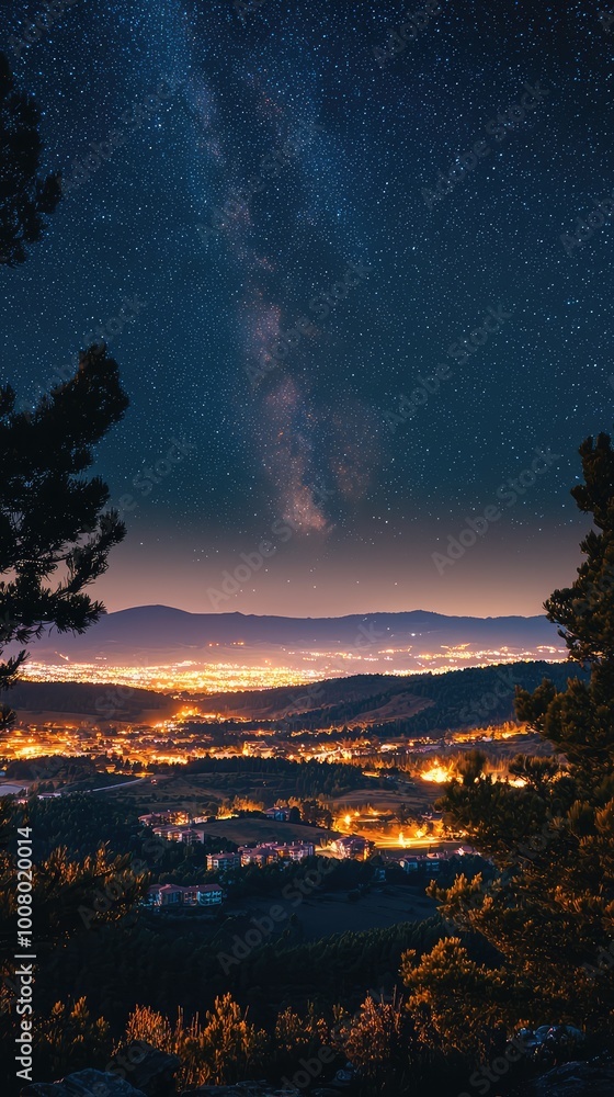 Naklejka premium A stunning night view of a starry sky over a glowing valley, highlighting the beauty of nature and the peacefulness of night.