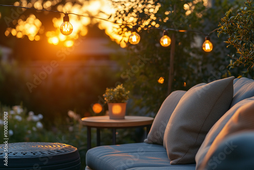 Cozy outdoor patio setup at sunset with string lights and comfortable seating, creating a warm and inviting ambiance for evening relaxation photo