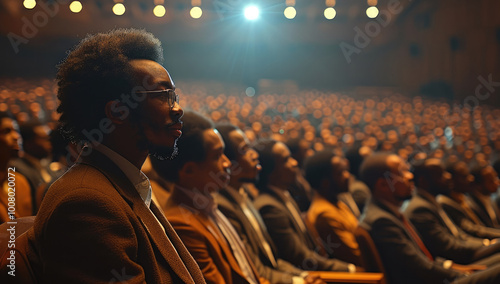 A large audience of happy black American people in the auditorium, during an event at which one person is making a speech on stage. photo