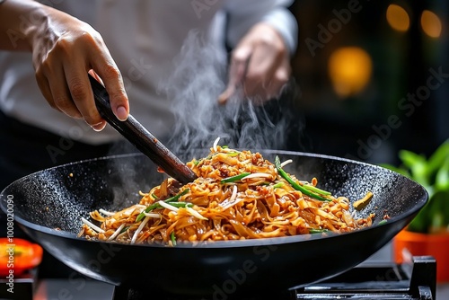 A vendor stirring in fish sauce and tamarind into a wok, creating the rich, tangy flavor base of Pad Thai as steam rises from the sizzling noodles photo