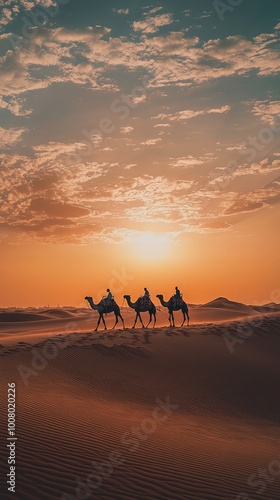 A stunning sunset over sand dunes with silhouettes of camels, capturing the essence of desert tranquility and adventure.