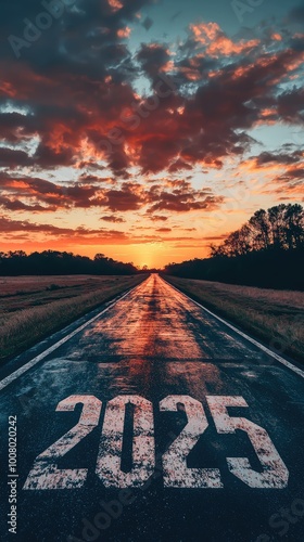 A stunning sunset reveals a long road marked with '2025', symbolizing hope and new beginnings. photo