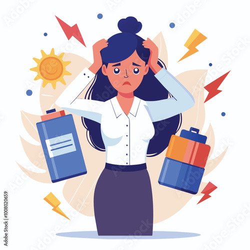 A frustrated woman at her desk holds her head visibly exhausted as she juggles work demands in a busy office setting filled with energy