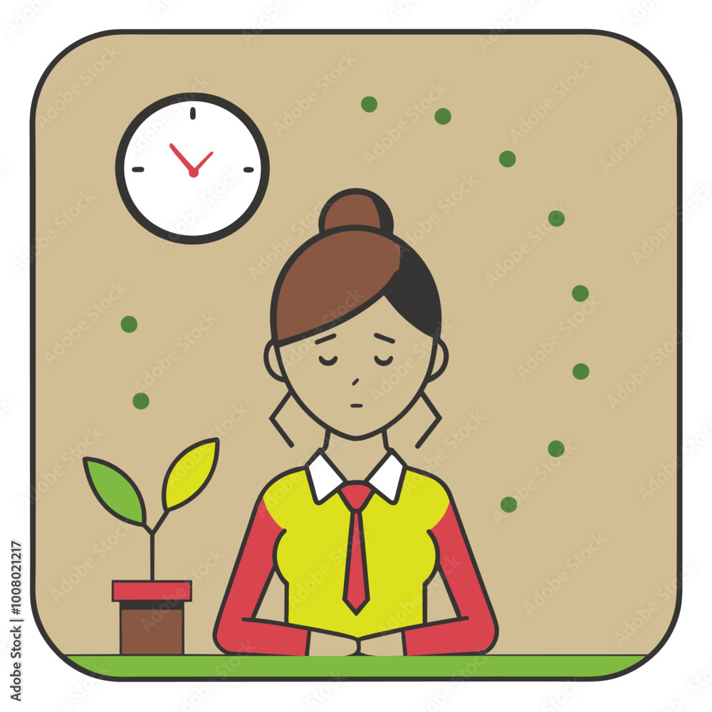 A tired businesswoman is seated at her desk with her hands clasped reflecting on her long day at work while a clock and a plant adorn her workspace. A tired businesswoman is seated at her desk with her hands clasped reflecting on her long day at work while a clock and a plant adorn her workspace.