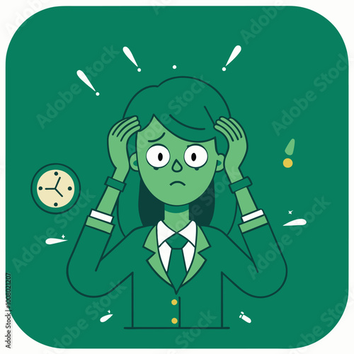 A tired businesswoman expresses frustration while holding her head symbolizing stress after a demanding workday with a clock in the background indicating lateness