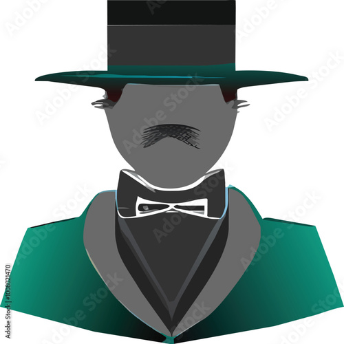 A sophisticated gentleman icon showcasing a top hat and bowtie highlighting a vintage style with a modern silhouette on a clean white backdrop.