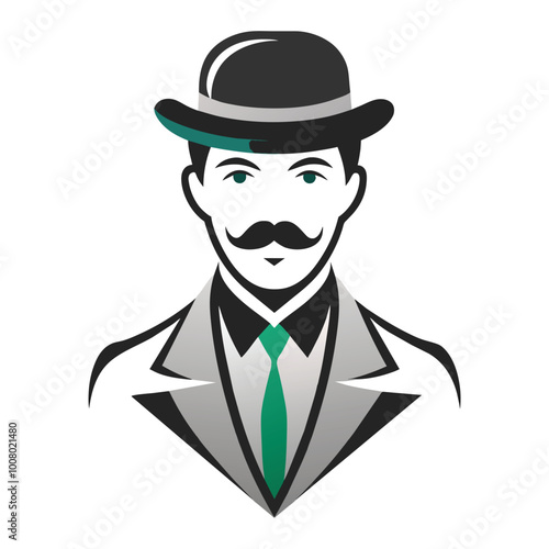 A silhouette of a dapper gentleman wearing a bowler hat and formal suit complete with a mustache set against a white background.