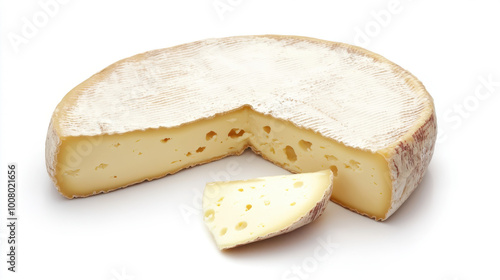 Photo of delicious Emmenthal cheese, cut in half with holes visible inside on a white background