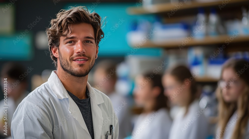 Engaging young scientist smiling in a lab filled with fellow researchers at a vibrant educational facility Engaging young scientist smiling in a lab filled with fellow researchers at a vibrant educational facility