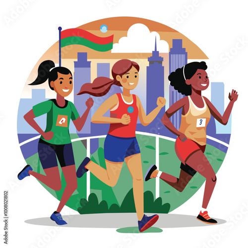 Three girls race each other with determination striving for first place while colorful skyscrapers and greenery create a vibrant background