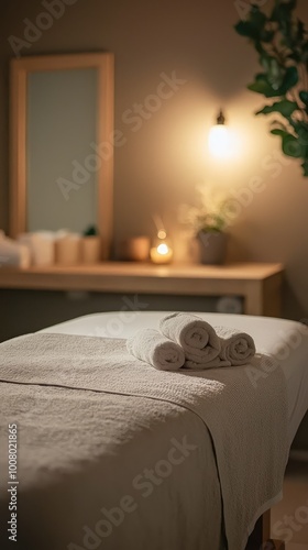 A tranquil spa setting featuring a massage table, soft towels, and warm lighting, perfect for relaxation and wellness. photo