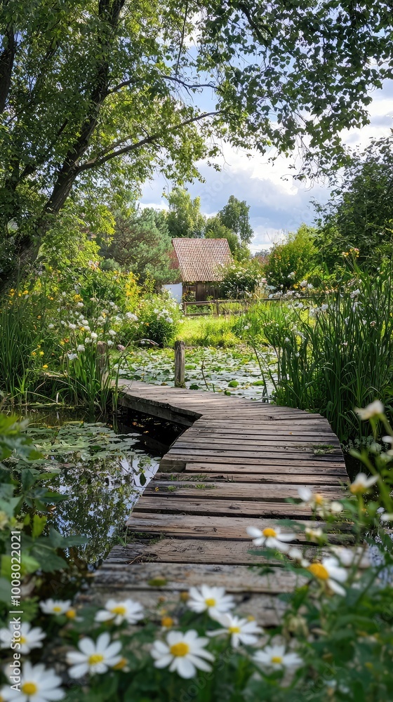 A tranquil wooden path leads through lush greenery and blooming flowers, inviting relaxation and connection with nature. A tranquil wooden path leads through lush greenery and blooming flowers, inviting relaxation and connection with nature.