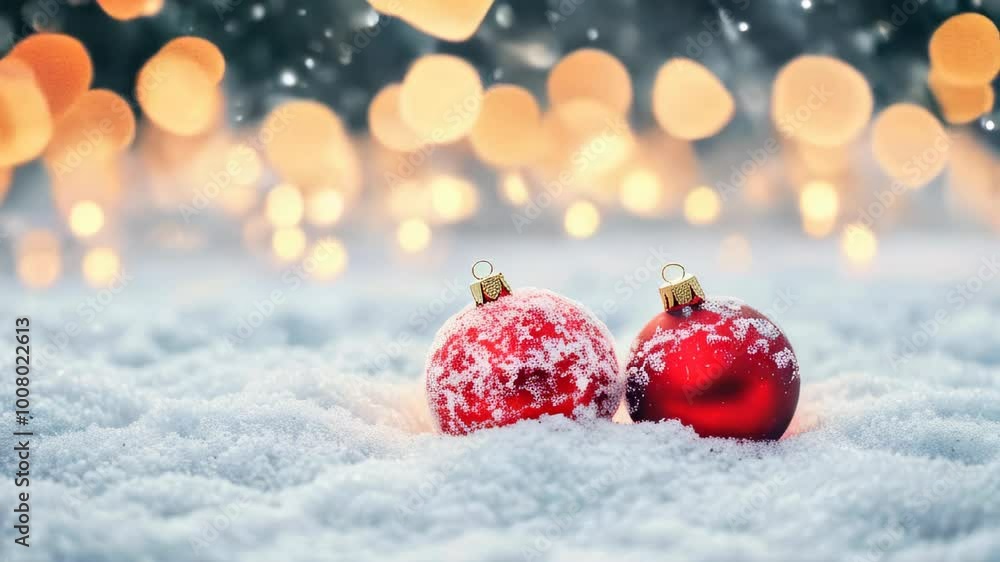 Two red Christmas ornaments sit in the snow, dusted with snowflakes, while soft bokeh lights glow in the background Two red Christmas ornaments sit in the snow, dusted with snowflakes, while soft bokeh lights glow in the background