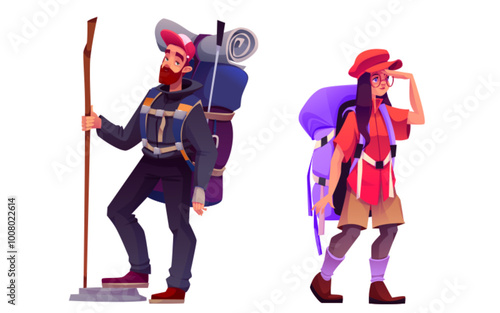 Hiker tourist with backpack in mountain adventure. Man and woman in camping journey. People pack for holiday trip in vacation graphic set. Active alpinist and explorer design. Summer walking group