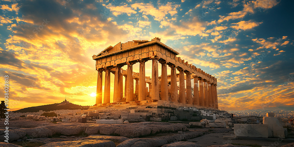 Obraz premium Golden Sunset Over the Historic Parthenon in Greece