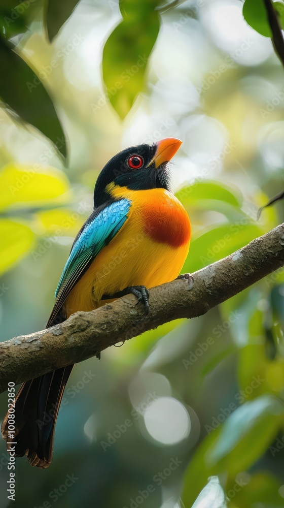 Obraz premium A vibrant bird perched on a branch, showcasing colorful plumage against a blurred green backdrop in a serene forest.