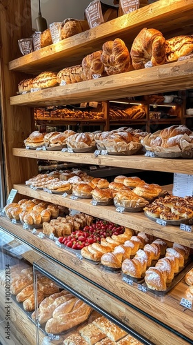 A vibrant bakery display filled with fresh, assorted pastries and bread, showcasing a delightful variety of baked goods.