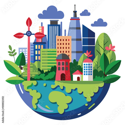 This eco city features modern buildings and green spaces harmonizing urban development with environmental sustainability in a vibrant natural setting